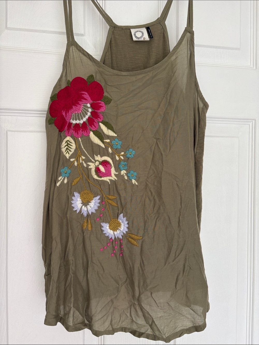 Anthropologie Olive Green Embroidered Floral Cami